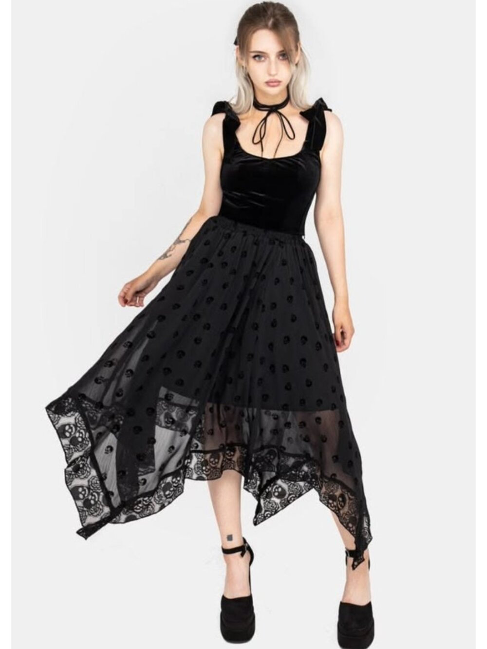 DISTURBIA Bones flocked chiffon midaxi hankerchief hem skirt US16 - Picture 3 of 9